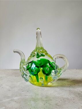 Vintage Joe St. Clair Art Glass Teapot Paperweight Ring Holder Floral Bubbles